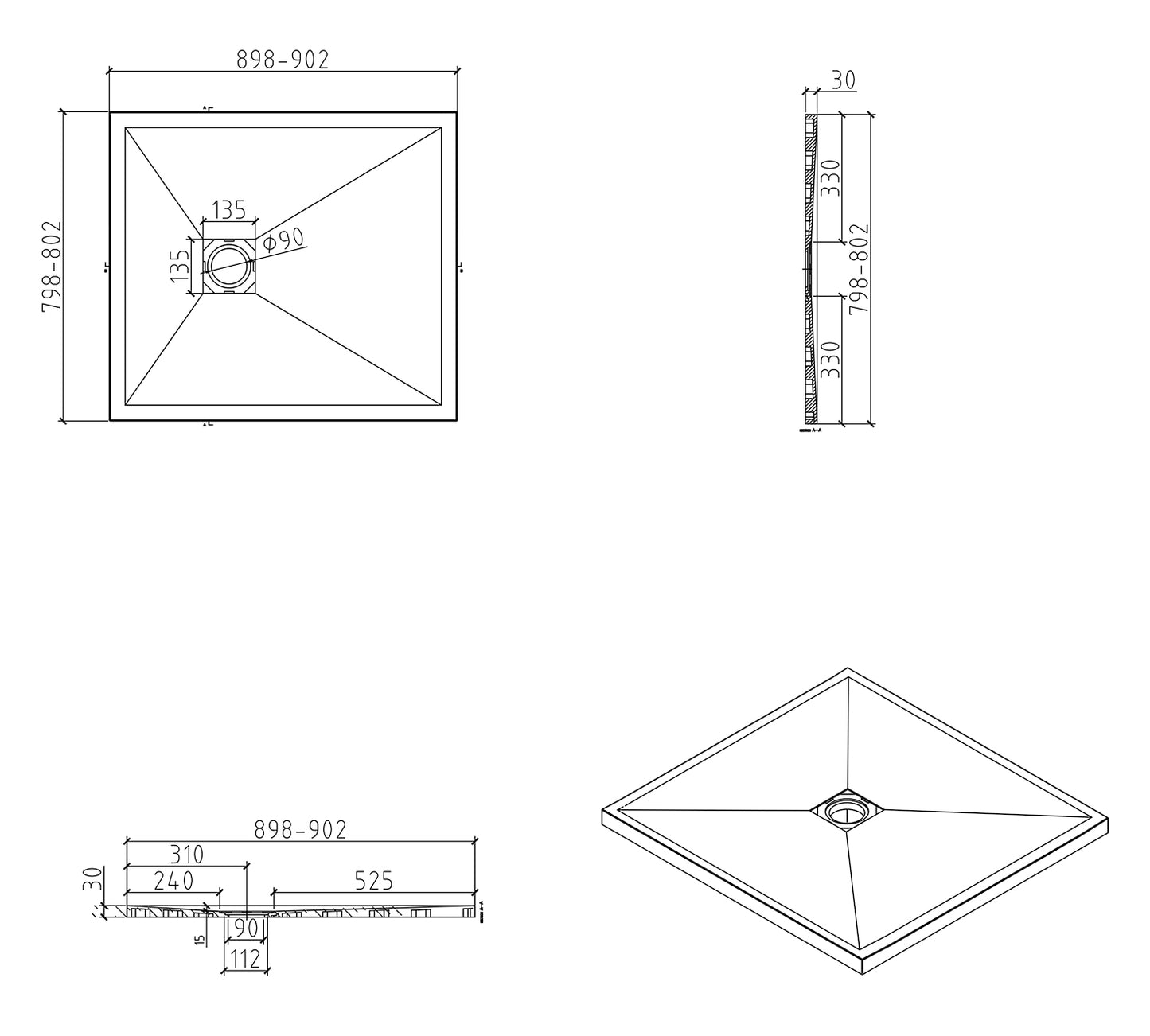 Douchebak Wiesbaden Stonea rechthoek 80x90cm antislip composiet in mat wit