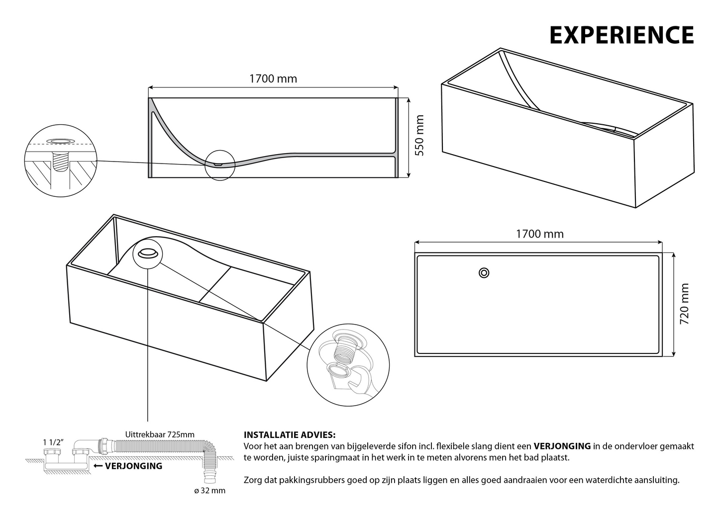 Vrijstaand ligbad Sanitado Industry Experience solid surface 170x72cm mat wit