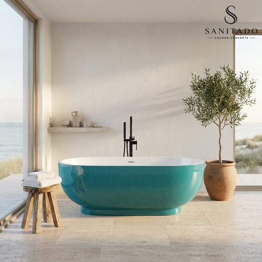Vrijstaand ligbad Sanitado Rainbow Turquoise sparkle 179x81cm zeegroen en glanzend wit