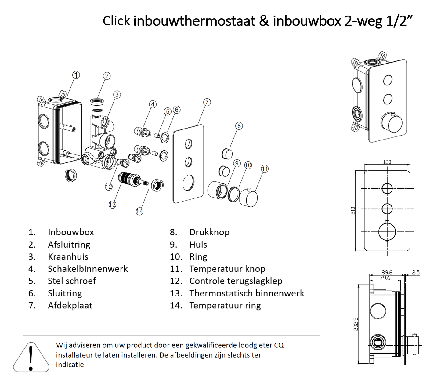 Inbouw douchethermostaat Sanitado Industry Click met inbouwbox en afdekplaat in RVS