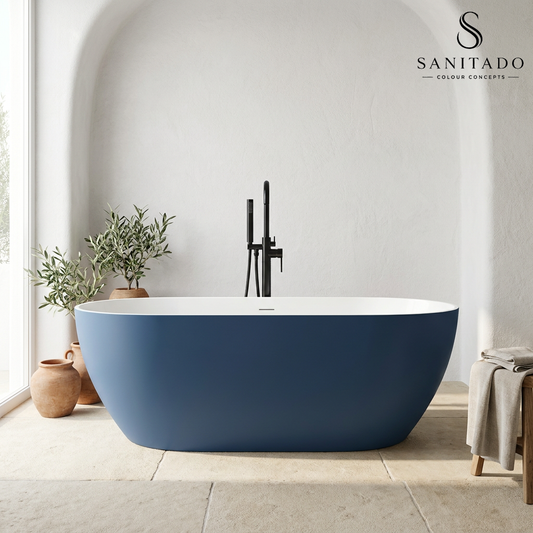 Vrijstaand ligbad Sanitado Rainbow Friday Blue 178x78cm mat blauw en glanzend wit
