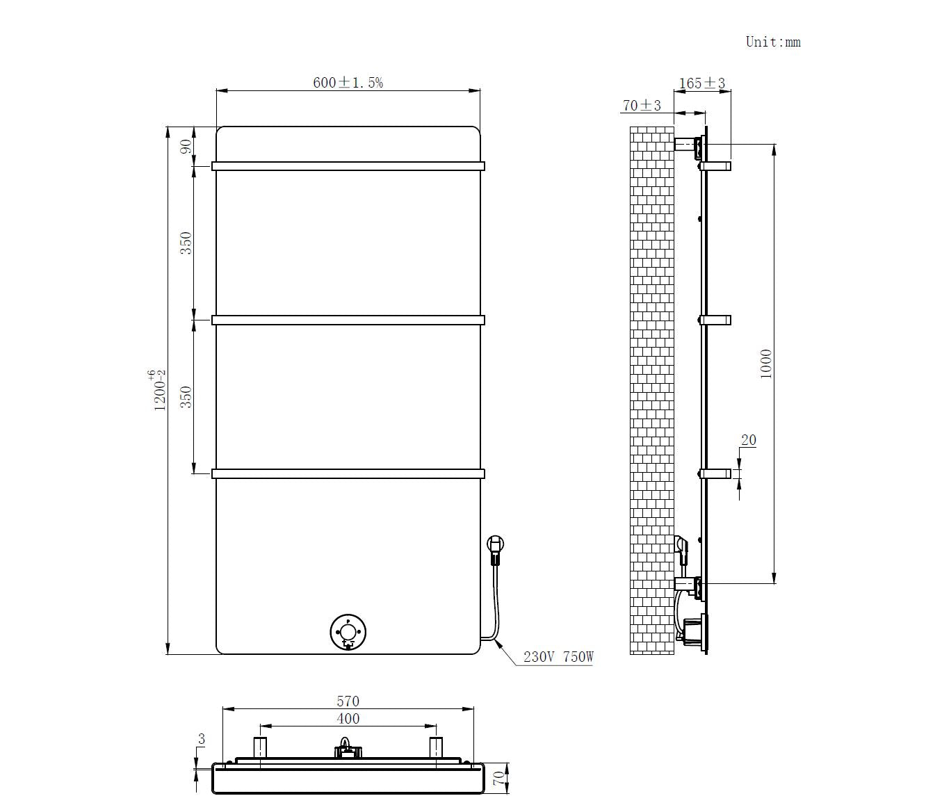 Elektrische handdoekradiator Sanitado Elements mat zwart 750W 1200x600mm