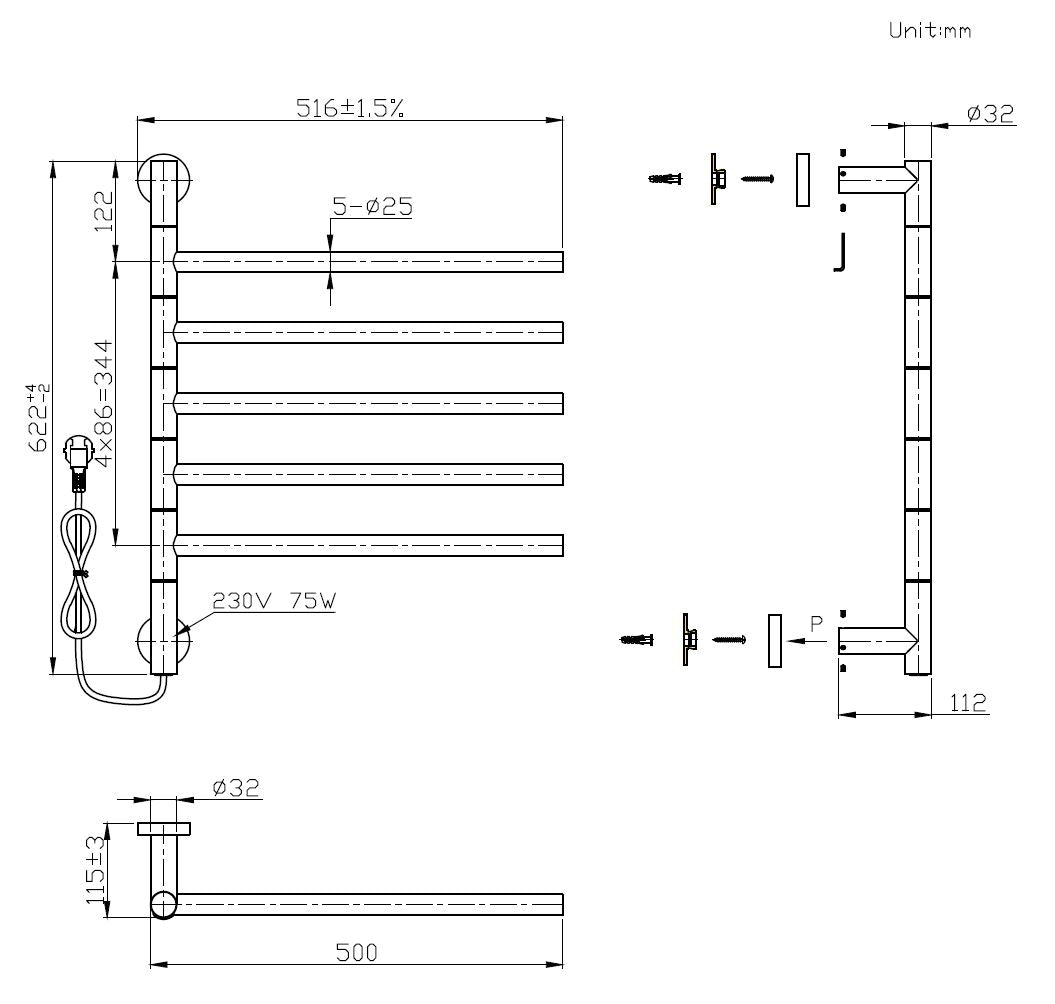 Elektrische handdoekradiator Sanitado Elements mat wit 75W 622x516mm