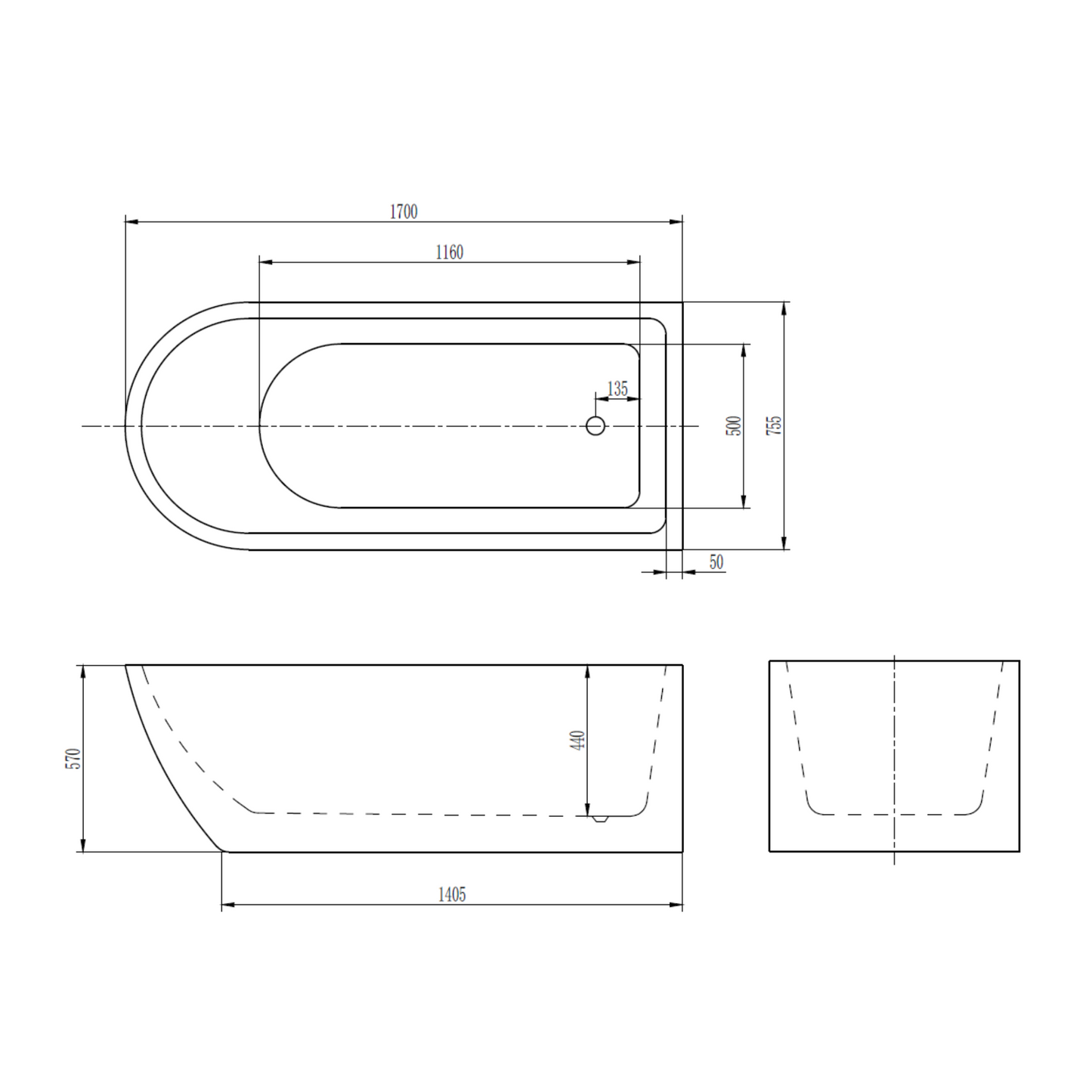 Vrijstaand half ligbad Sanitado Industry Boat 170x75cm mat wit