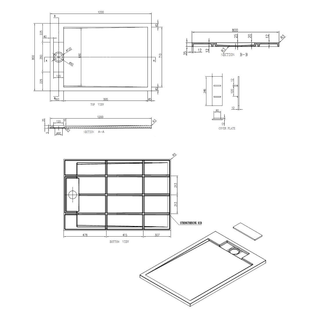 Sanitado Elements Decent Douchebak Mat Wit 120x80cm Solid Surface