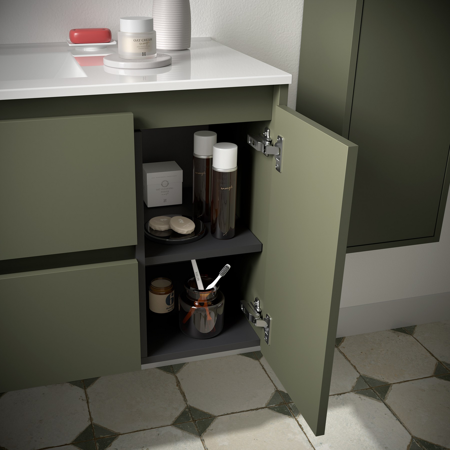Badkamer meubelset Salgar Noja 85cm 2 laden en 1 deur recht groen mat