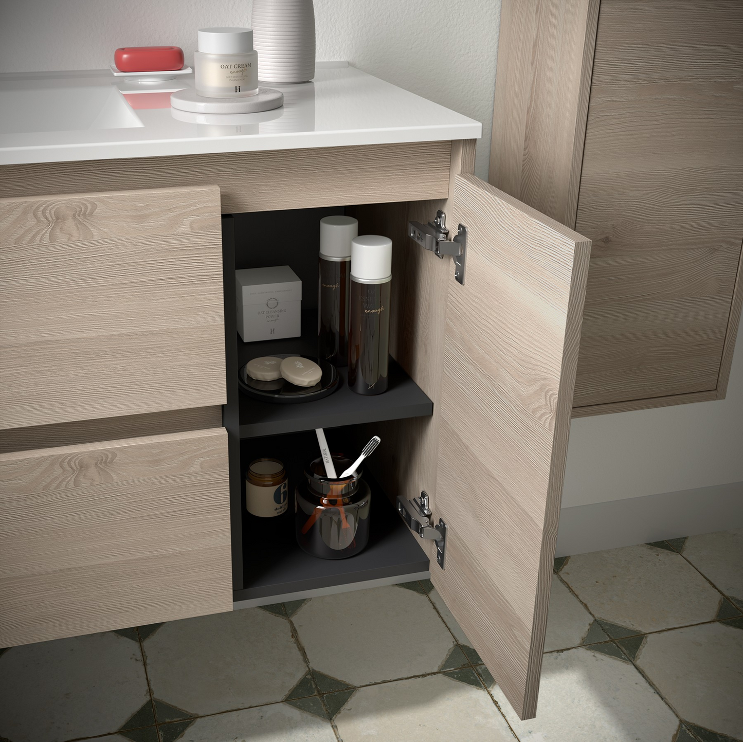 Badkamer meubelset Salgar Noja 85cm 2 laden en 1 deur recht licht eiken