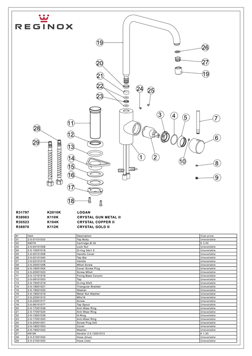 Keukenmengkraan Reginox Crystal Gunmetal II in PVD gunmetal grijs