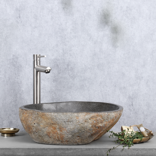 Opbouw waskom Differnz Riverstone Lombok Large natuursteen beige en grijs