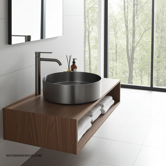 Opbouw waskom Differnz Metal 40 cm inclusief plug in gunmetal RVS