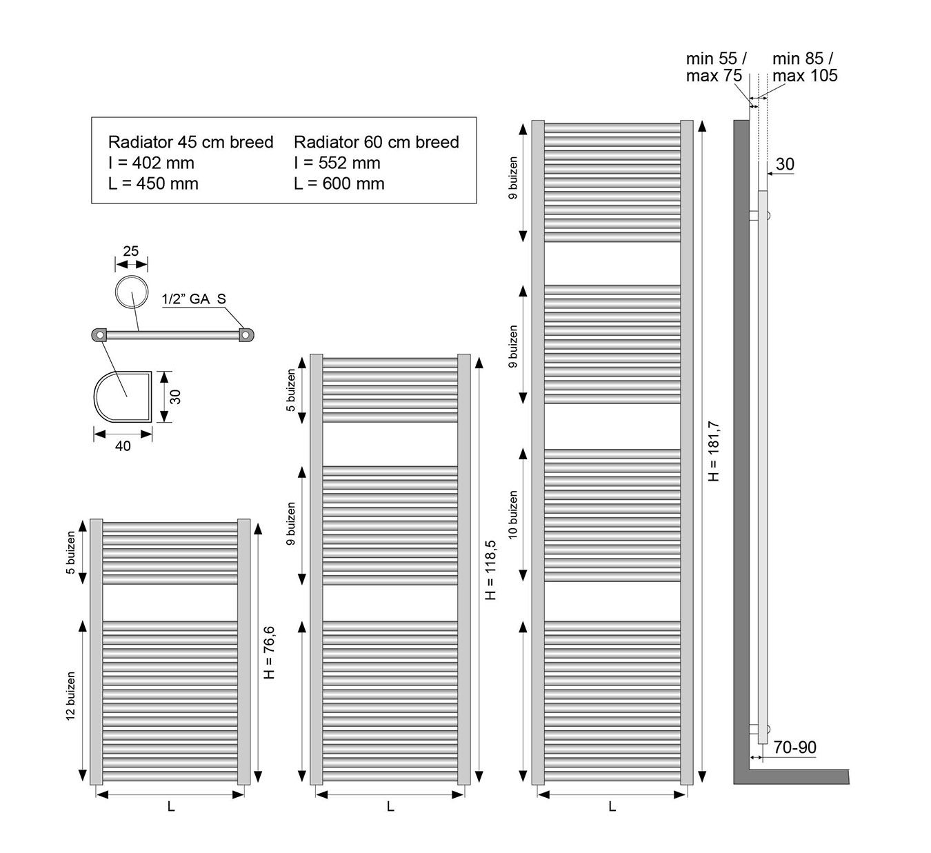 CV designradiator Wiesbaden Elara 120cm x 60cm mat zwart