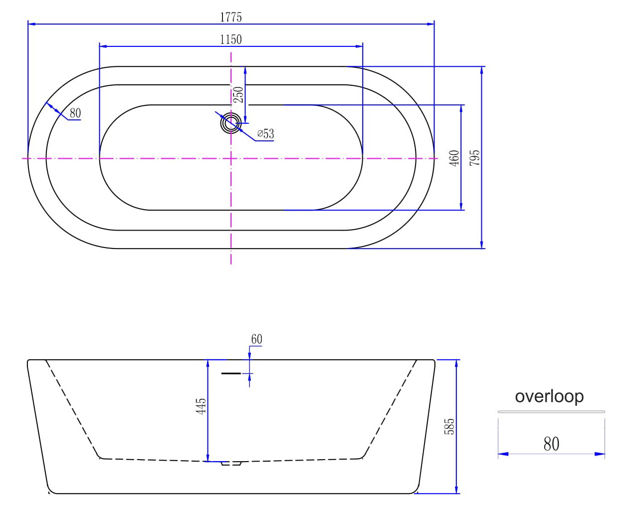 Vrijstaand ligbad Wiesbaden Nero 178x80 cm mat zwart en glans wit