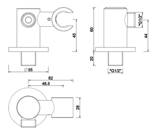Wiesbaden Unimatch wandaansluitbocht met kantelbare handdouchehouder rond 1/2" chroom