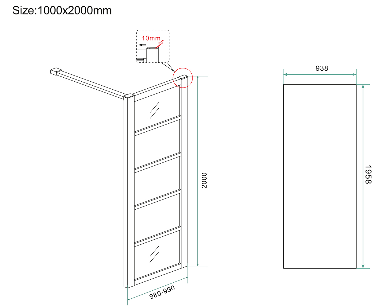 Inloopdouche Wiesbaden Horizon 100x200cm met mat zwarte profielen en 8mm helder glas