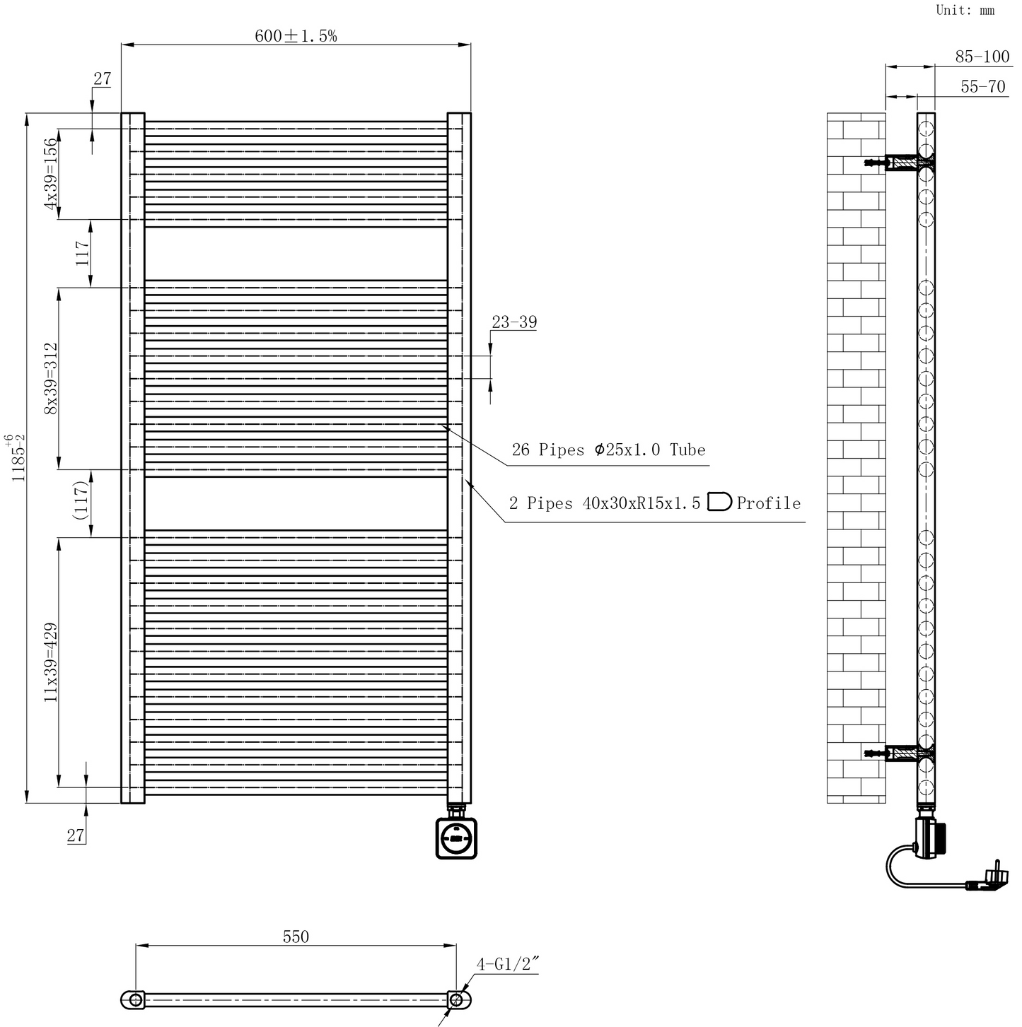 Elektrische designradiator Elara Smart Wifi 120cm x 60cm mat zwart