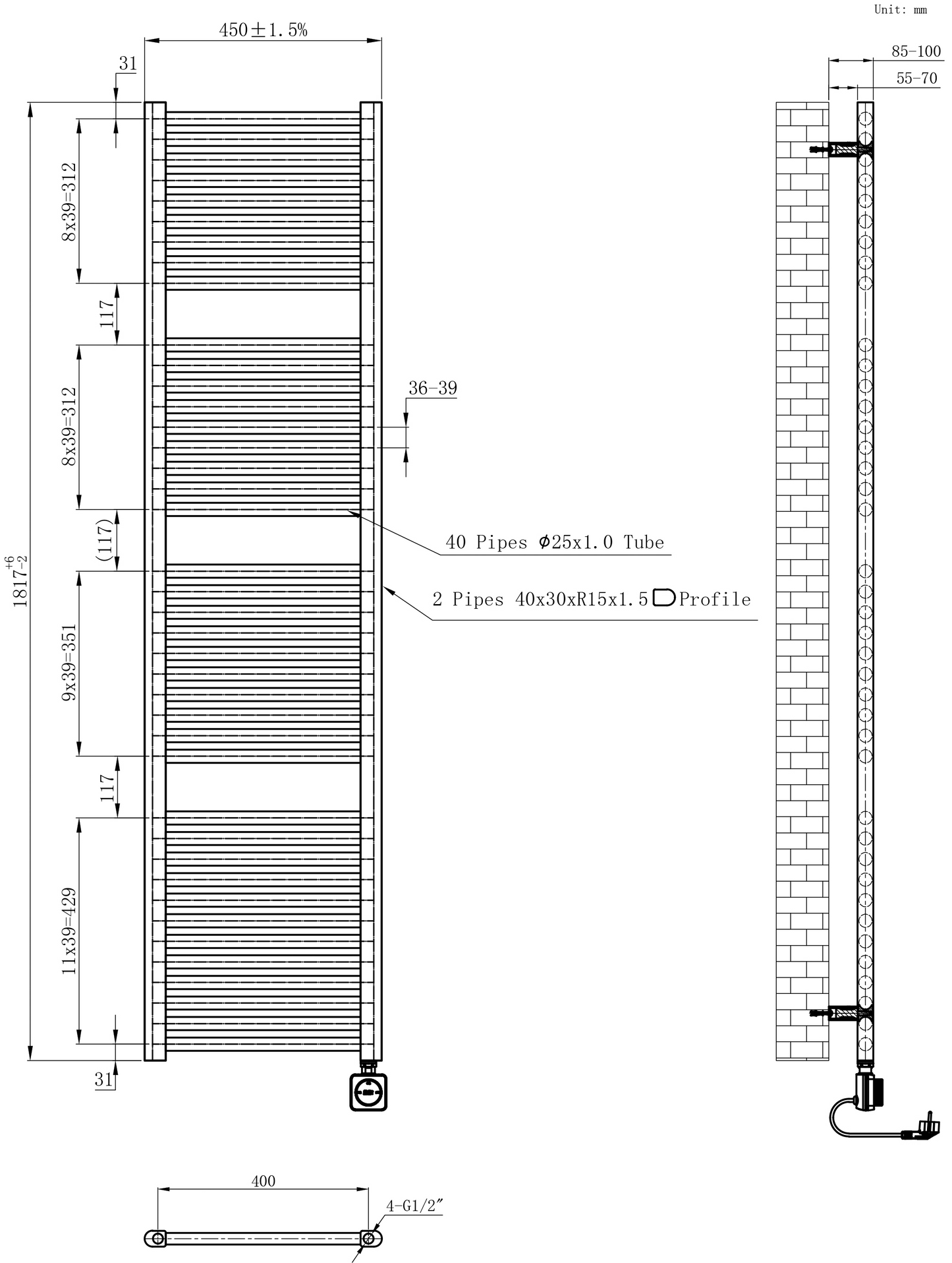 Elektrische designradiator Elara Smart Wifi 180cm x 45cm mat zwart