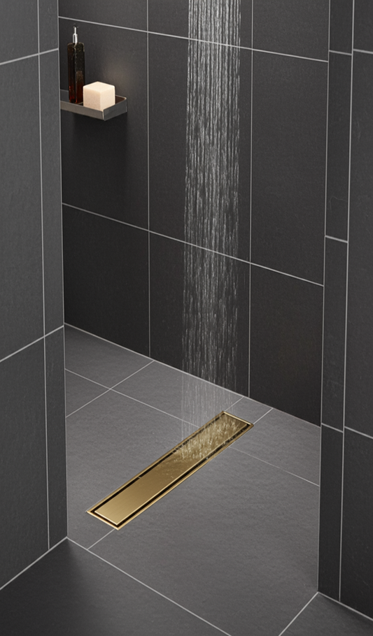 Douchegoot 70 cm met fles en tegelrooster in geborsteld messing