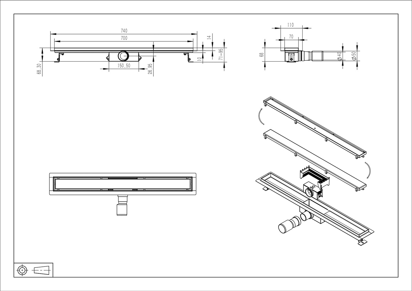 Douchegoot 70 cm met fles en tegelrooster in geborsteld messing