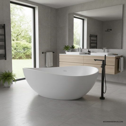 Vrijstaand solid surface ligbad Wiesbaden Waive 160x95 cm inclusief waste wit mat