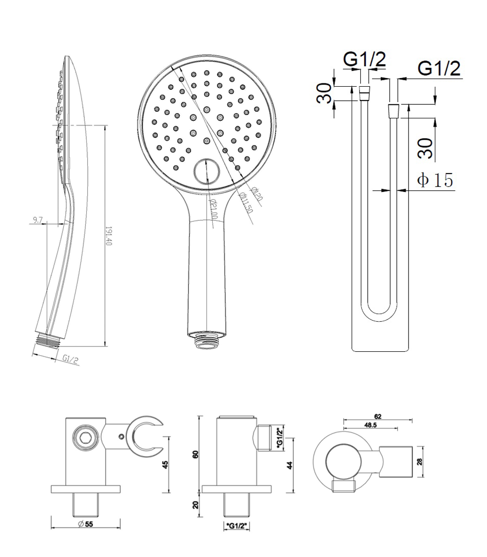 Wiesbaden Unimatch handdoucheset met handdouche 3 standen diameter 12 cm, doucheslang en wandaansluitbocht mat zwart