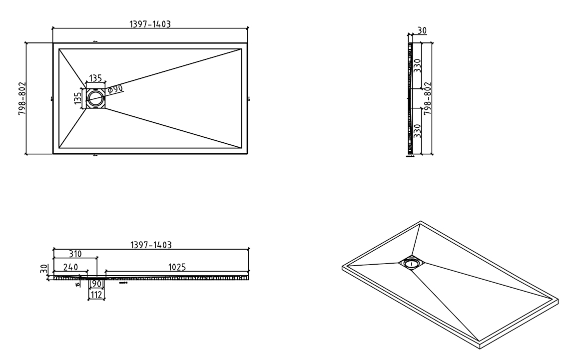 Douchebak Wiesbaden Stonea rechthoek 80x140cm antislip composiet in mat wit