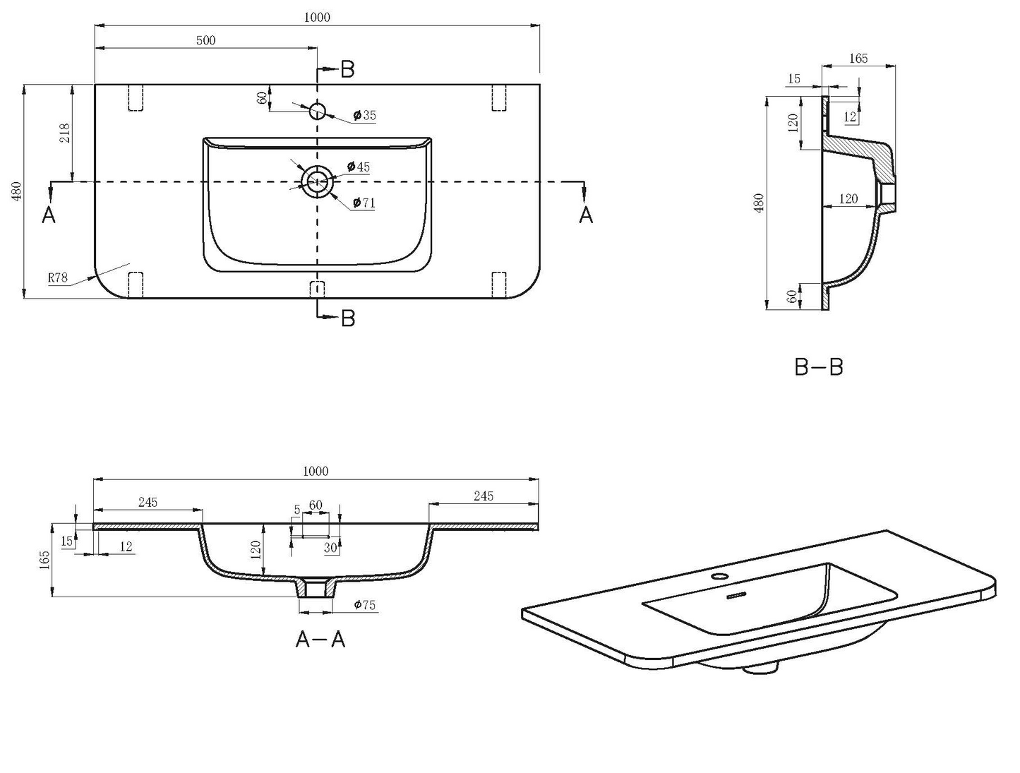 Wastafel Wiesbaden Laro 100cm solid surface mat wit