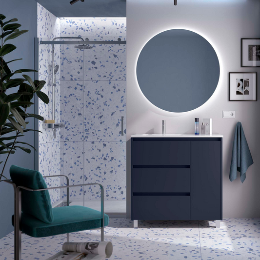 Badkamermeubelset Salgar Noja 90cm 3 laden en 1 deur recht blauw mat en LED spiegel