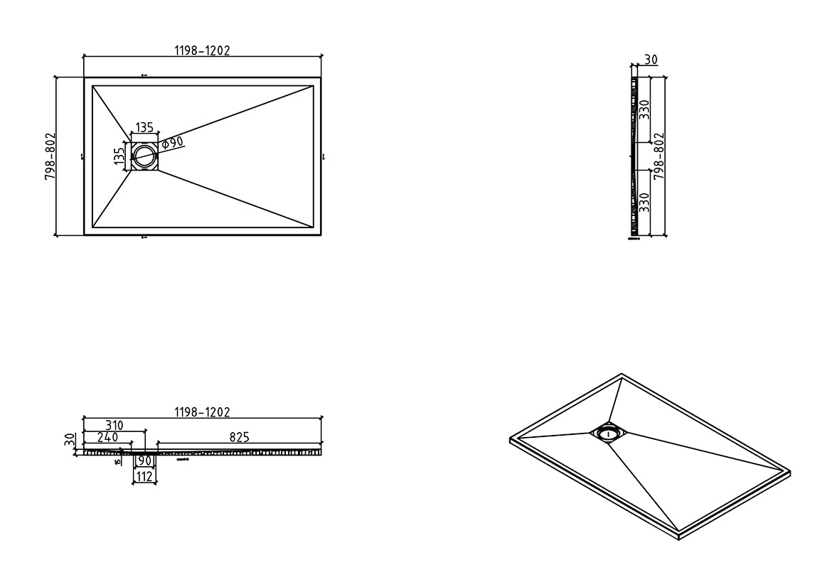 Douchebak Wiesbaden Stonea rechthoek 80x120cm antislip composiet mat zwart