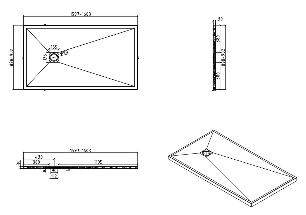 Douchebak Wiesbaden Stonea rechthoek 90x160cm antislip composiet mat zwart