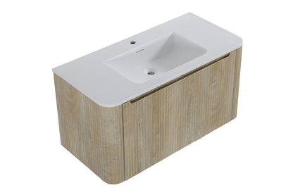 Wastafelkast Wiesbaden Sulora 80cm licht eiken inclusief wastafelblad Laro solid surface