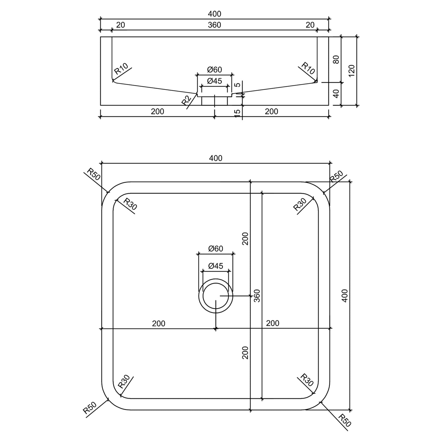 Opbouw waskom Differnz Marba vierkant 40cm beton lichtgrijs