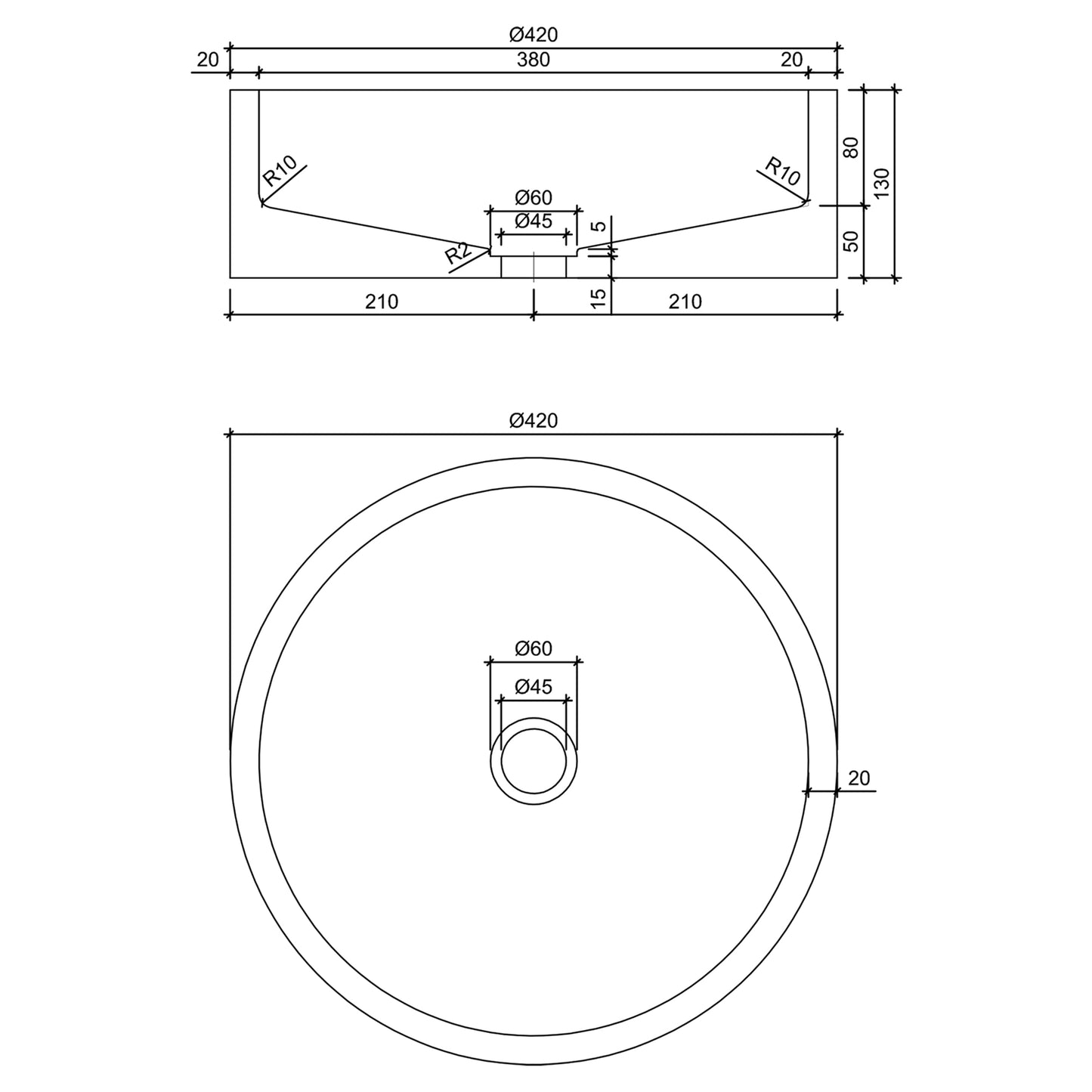 Opbouw waskom Differnz Marba rond 42cm beton donkergrijs