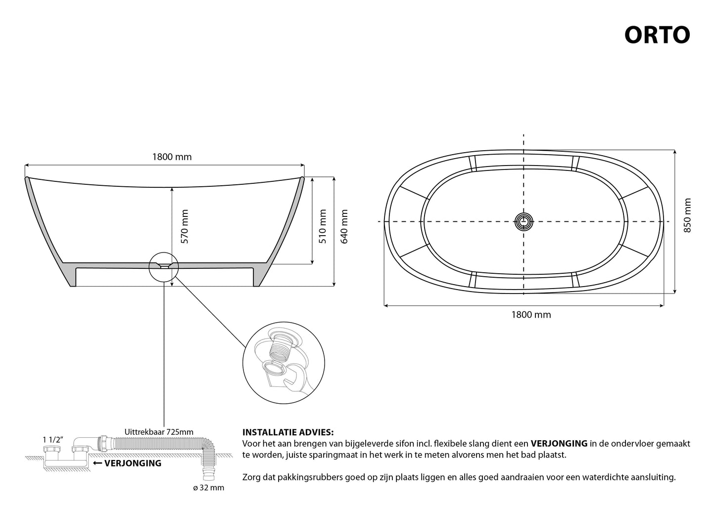 Vrijstaand ligbad Sanitado Elements Orto solid surface 180x85cm mat wit