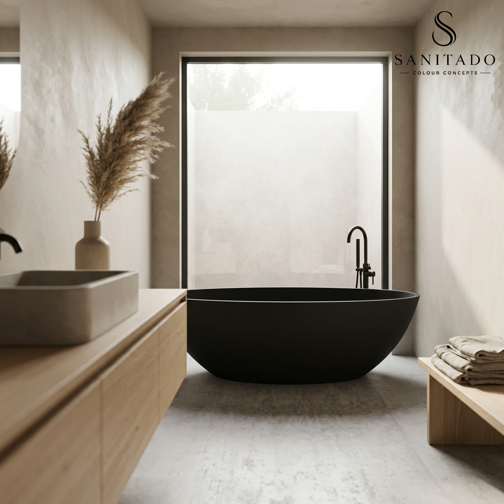 Modern vrijstaand mat zwart bad in een minimalistische badkamer