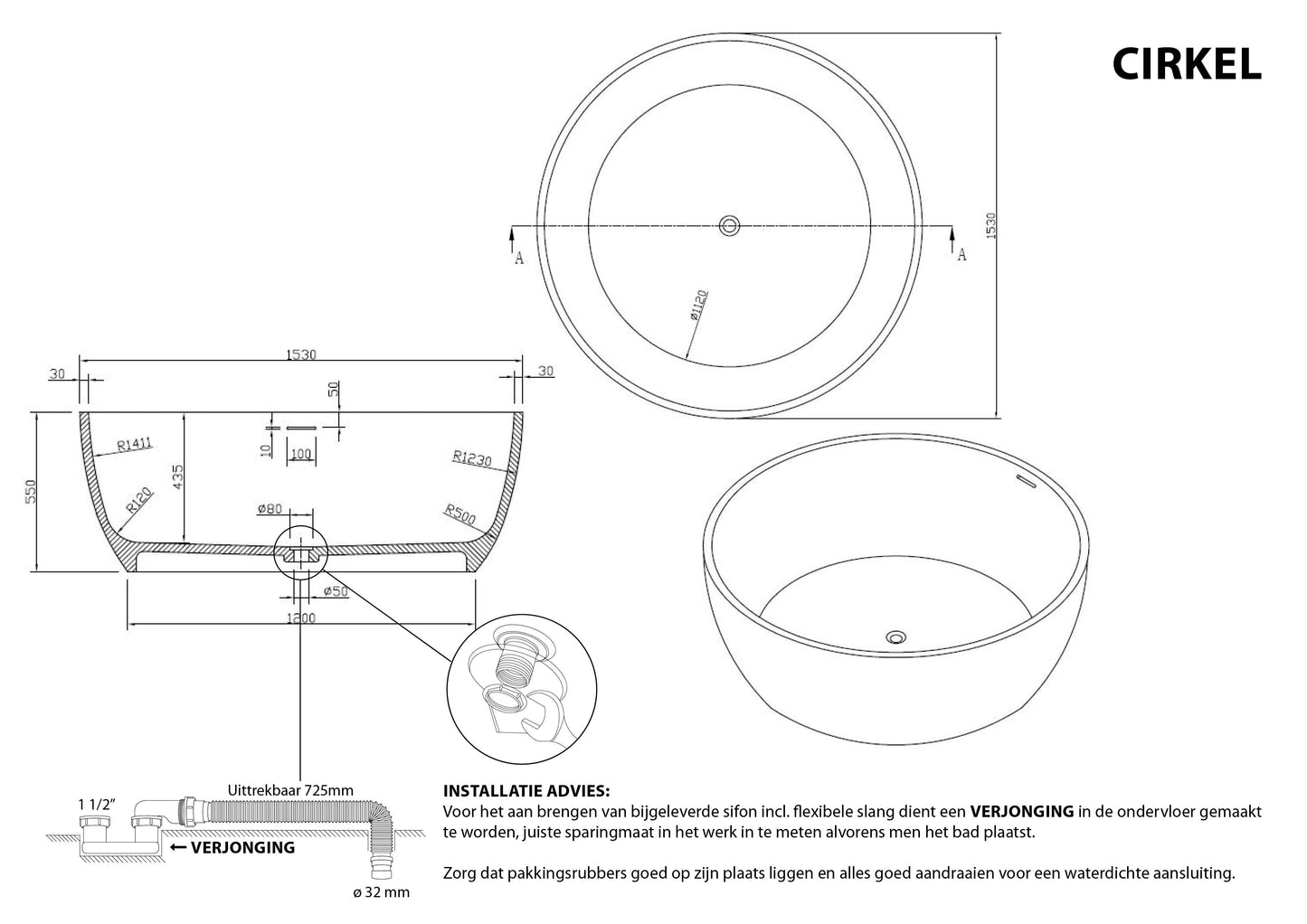 Vrijstaand ligbad Sanitado Elements Cirkel 153cm mat wit