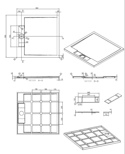 Sanitado Elements Decent Douchebak Mat Wit 90x90cm Solid Surface