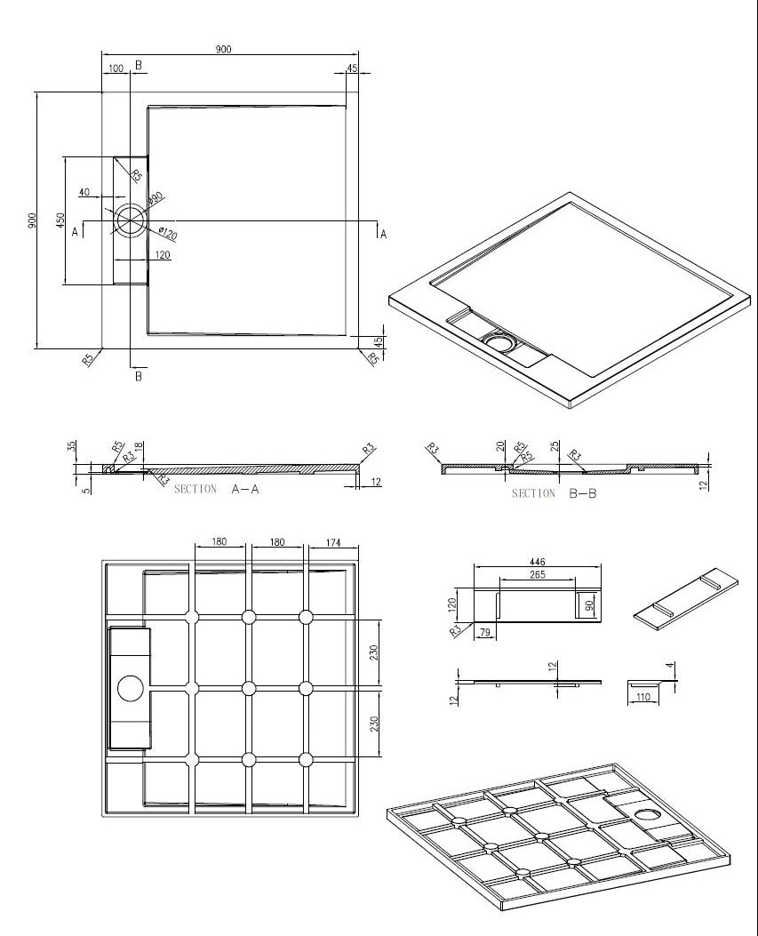 Sanitado Elements Decent Douchebak Mat Zwart 90x90cm Solid Surface
