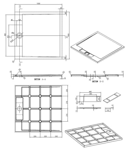 Sanitado Elements Decent Douchebak Mat Zwart 100x100cm Solid Surface