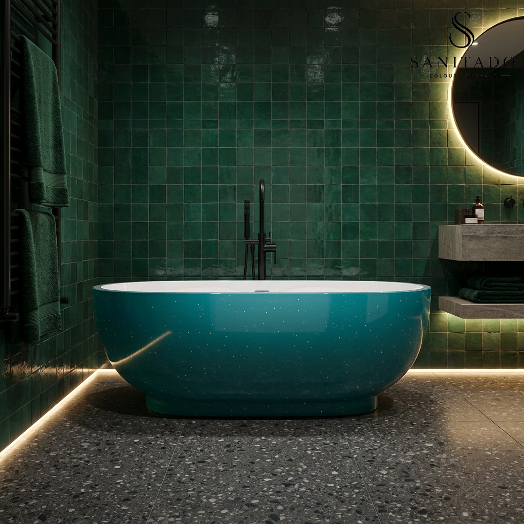 Vrijstaand ligbad Sanitado Rainbow Turquoise sparkle 179x81cm zeegroen en glanzend wit