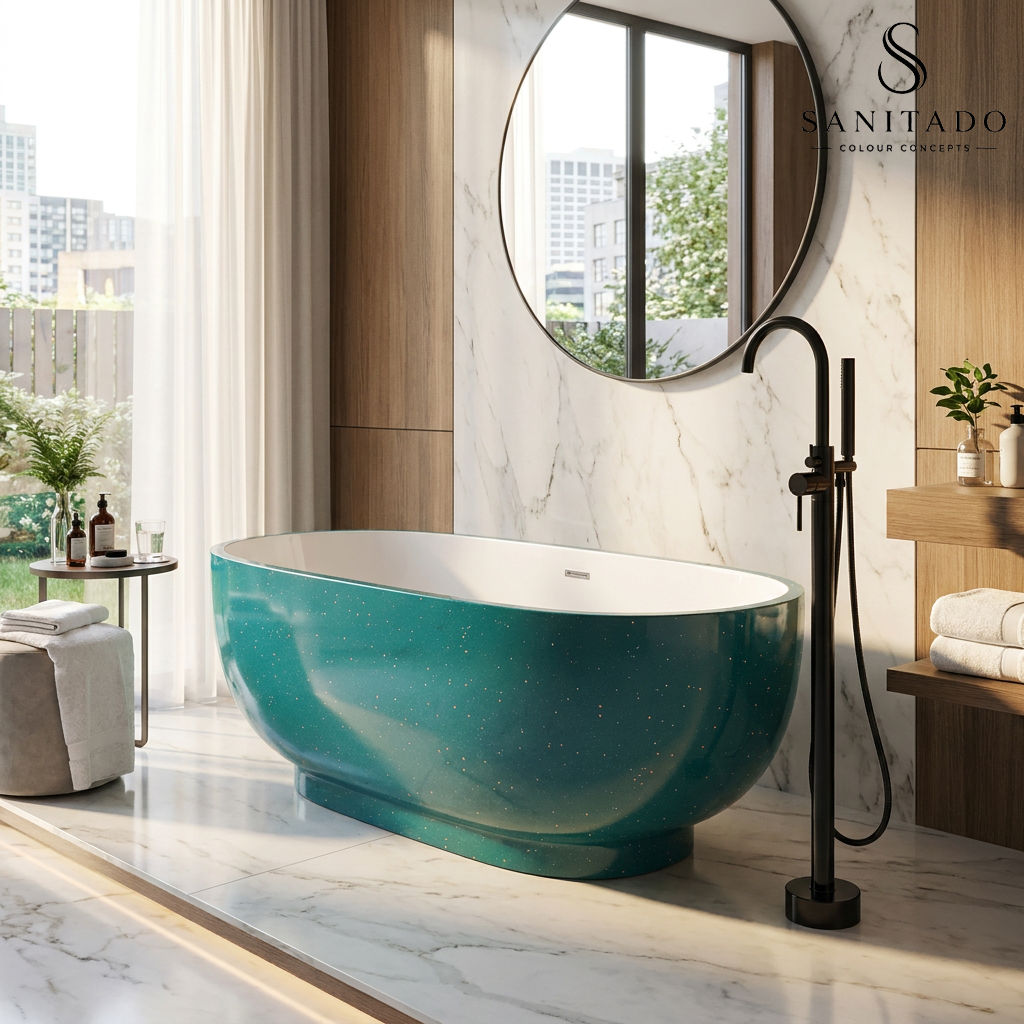 Vrijstaand ligbad Sanitado Rainbow Turquoise sparkle 179x81cm zeegroen en glanzend wit