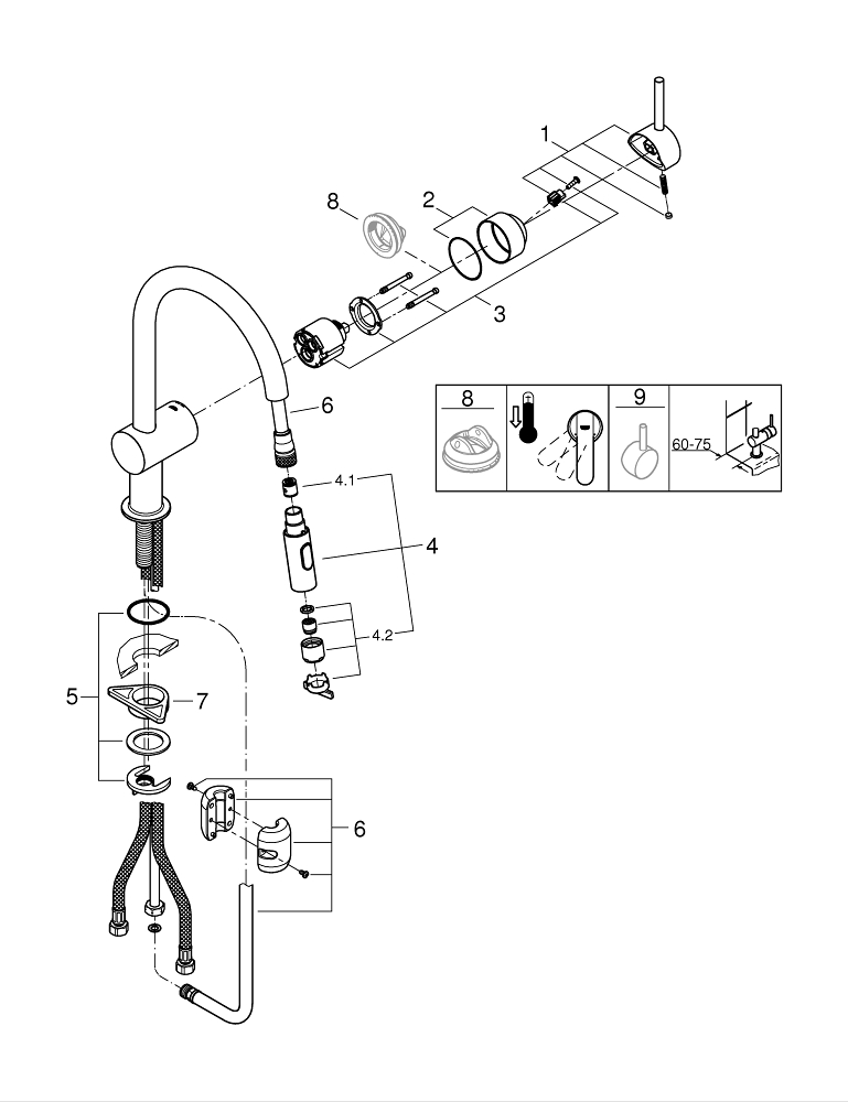 Keukenmengkraan Grohe Minta draaibare C-uitloop uittrekbaar DualSpray in hard graphite