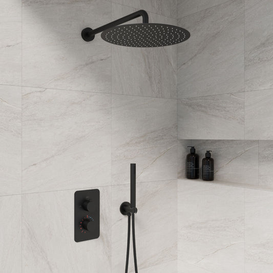 Complete inbouwdouche Sanitado Industry Lacora met 30cm stortdouche en handdouche in mat zwart