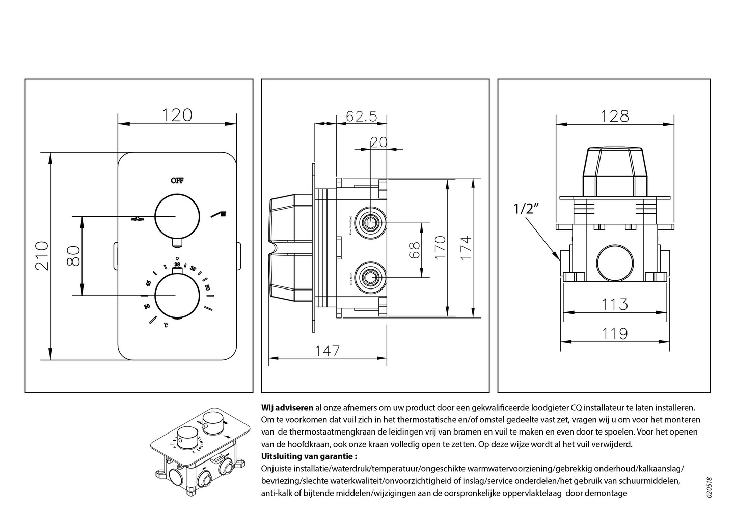 Inbouw douchethermostaat Sanitado Industry Garand met inbouwbox en afdekplaat in gunmetal