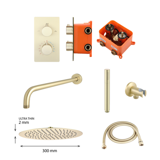 Complete inbouwdouche Sanitado Industry met 30cm stortdouche en handdouche in mat goud