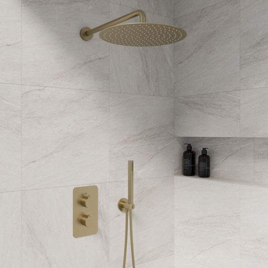 Complete inbouwdouche Sanitado Industry met 30cm stortdouche en handdouche in mat goud