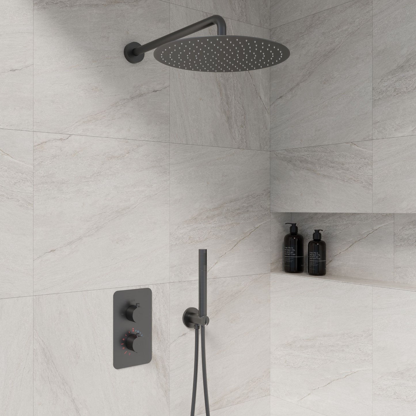 Complete inbouwdouche Sanitado Industry met 30cm stortdouche en handdouche in gunmetal