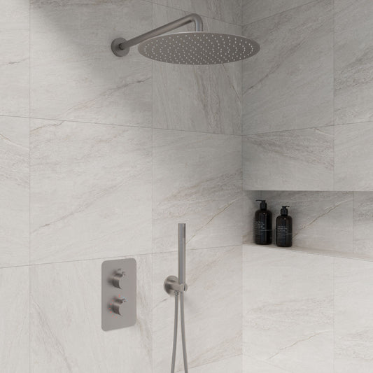 Complete inbouwdouche Sanitado Industry Garand met 30cm stortdouche en handdouche in RVS