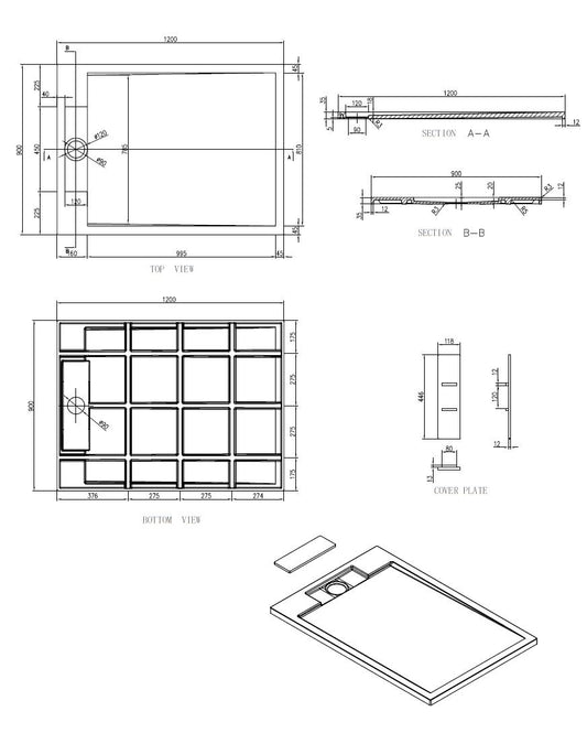 Sanitado Elements Decent Douchebak Lava Grijs 120x90cm Solid Surface