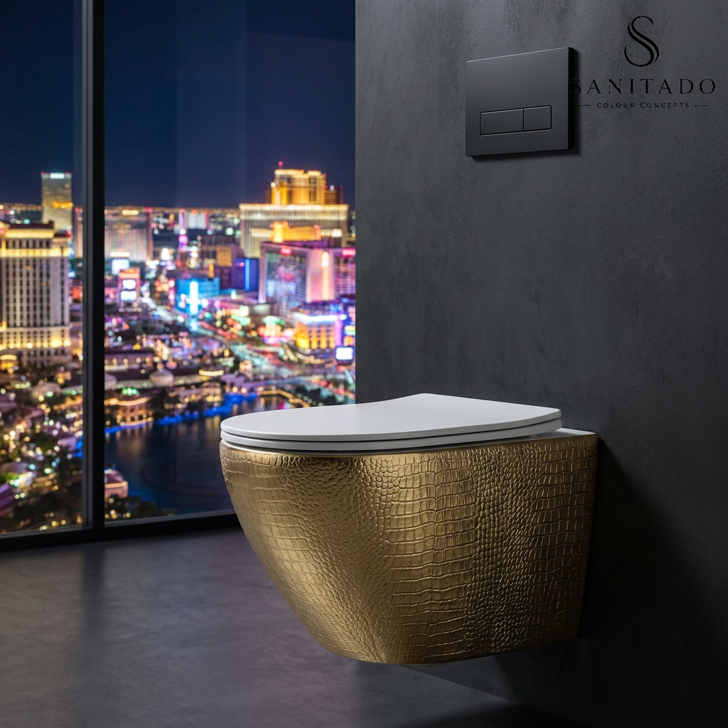 Wandcloset Sanitado Industry Goud Croco randloos met softclose toiletzitting in mat wit