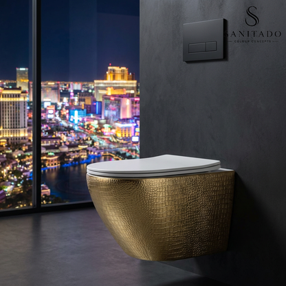 Wandcloset Sanitado Industry Goud Croco randloos met softclose toiletzitting in mat wit